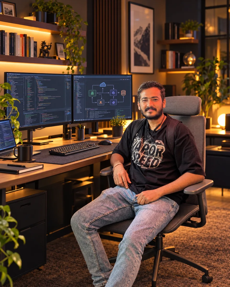 Shubham Raj seated at an engineering workstation with development monitors and warm lighting
