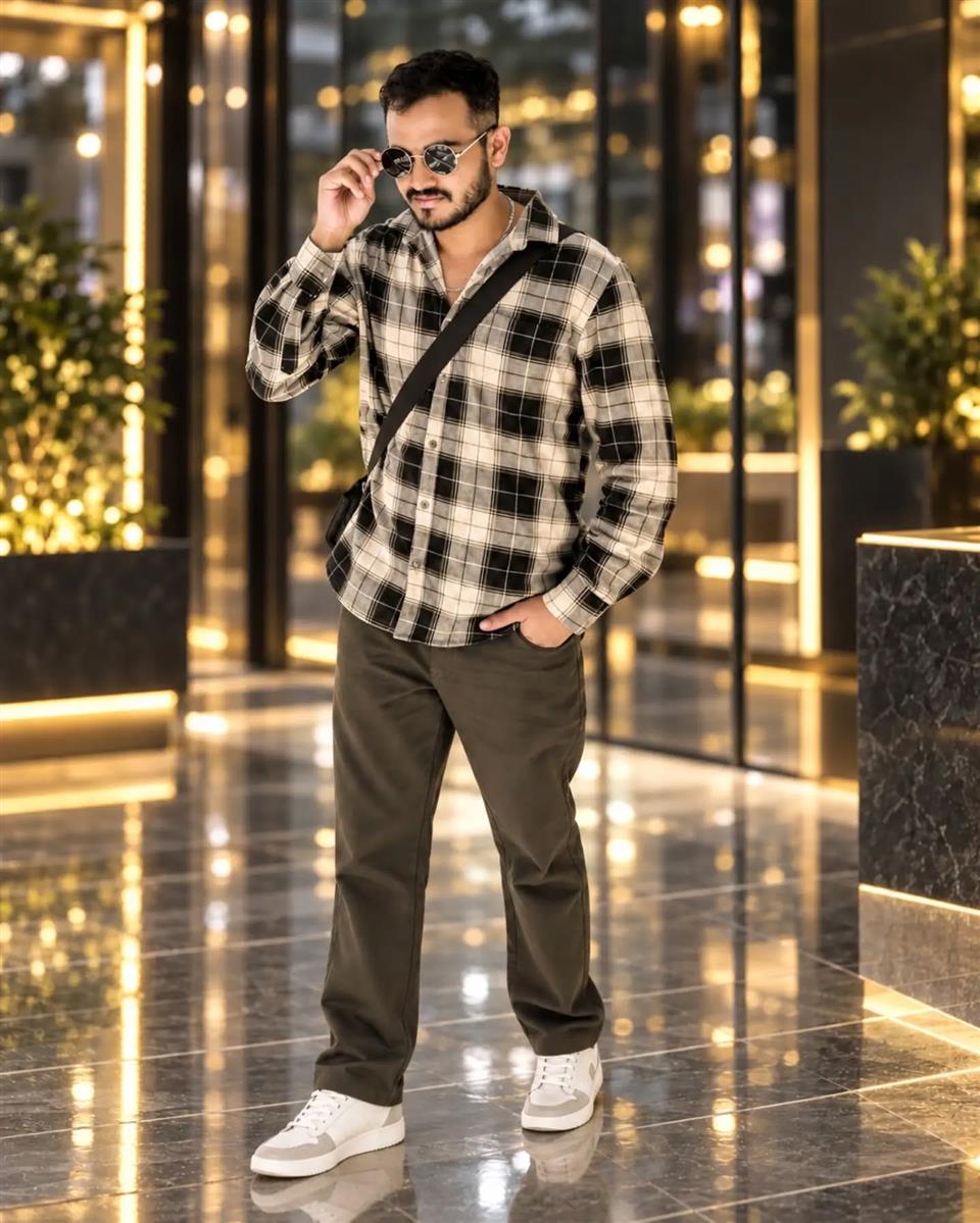 Shubham Raj standing in a warmly lit interior, wearing a checked shirt