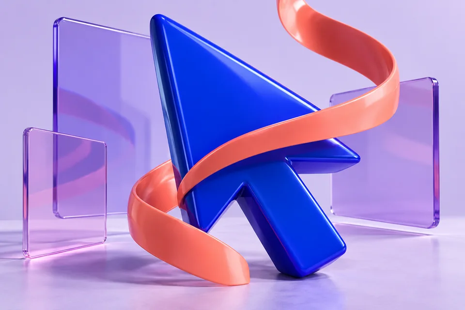 Glossy blue cursor wrapped in a coral ribbon among violet glass panels